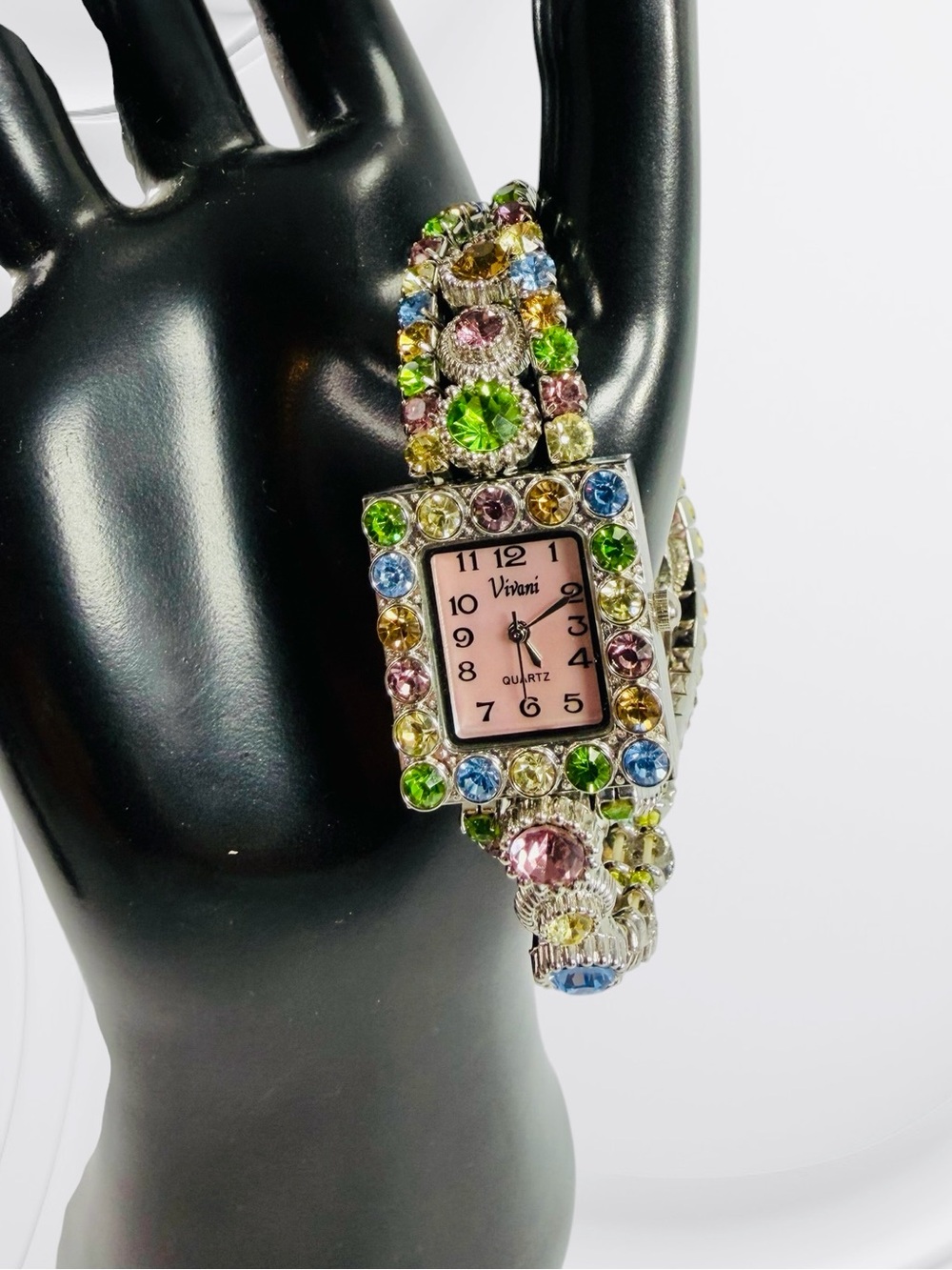 Vivani Silver Tone Rhinestone Stretch Band Bracelet Watch Working Multi Color